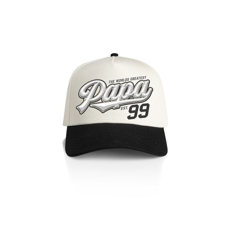 PAPA SWOOSH STYLE_2TONE Printed Frame Cap with Custom Date + names on side panel