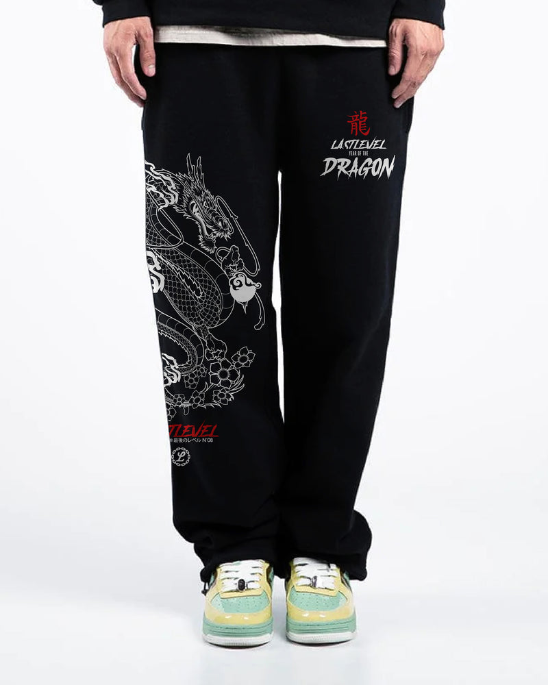 Year of the Dragon - Straight Open bottom Sweat Pants-Red/White