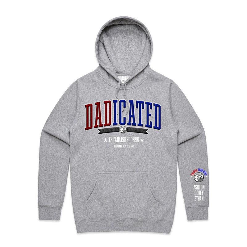 Custom Printed Hoodie for Dad - With Custom Date, City + names on sleeve - DADICATED RED/ROYAL STYLE