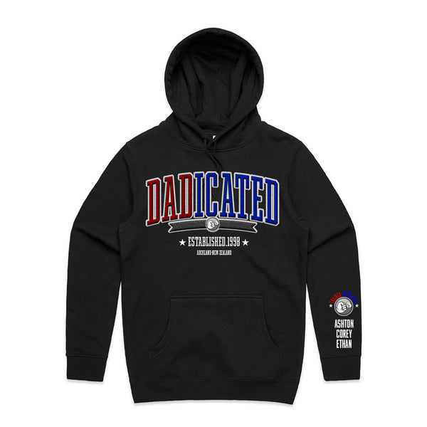 Custom Printed Hoodie for Dad - With Custom Date, City + names on sleeve - DADICATED RED/ROYAL STYLE