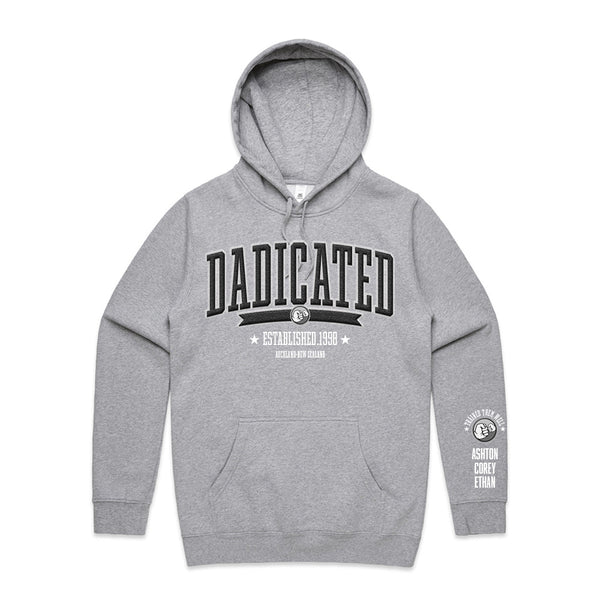 Custom Printed Hoodie for Dad - With Custom Date, City + names on sleeve - DADICATED TEAM ARCH SYLE