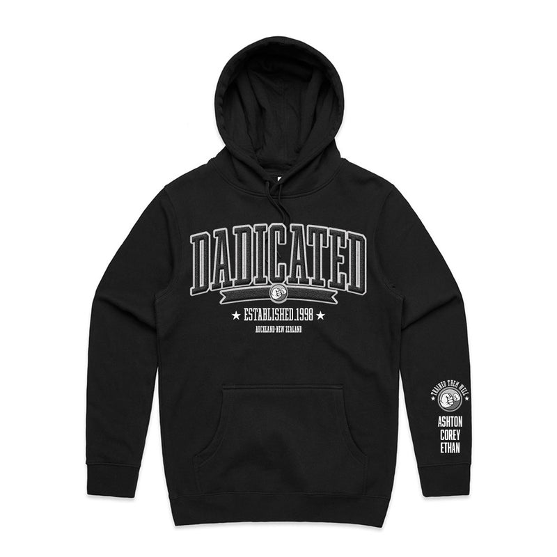 Custom Printed Hoodie for Dad - With Custom Date, City + names on sleeve - DADICATED TEAM ARCH SYLE