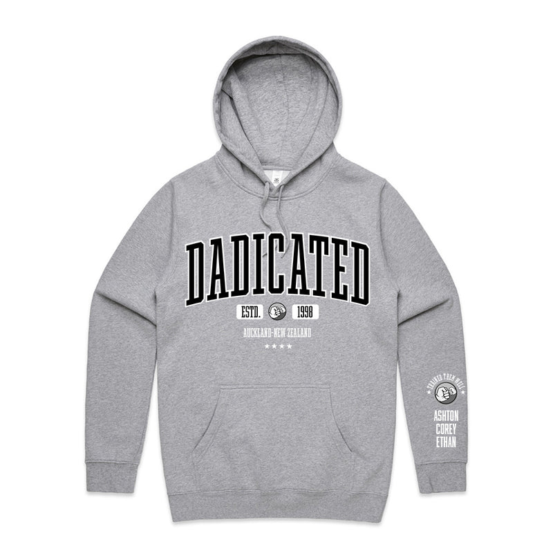 Custom Printed Hoodie for Dad - With Custom Date, City + names on sleeve - DADICATED SIMPLE SYLE