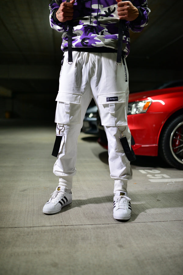 2.0 NEW BLACK STRAP OFFSET CARGO TECH JOGGERS - OFF WHITE