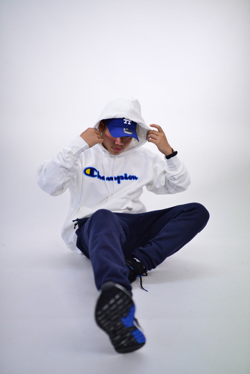 REVERSE WEAVE PULLOVER HOODIE - WHITE/BLUE